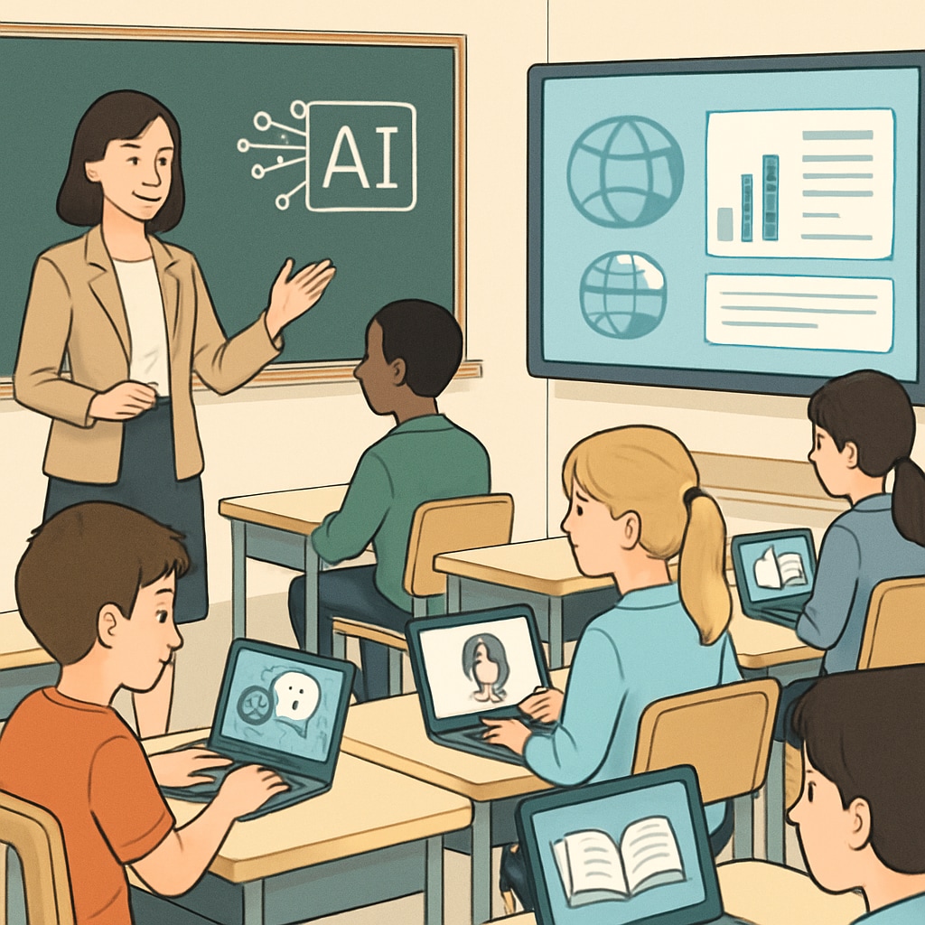 A classroom with students using laptops and AI-powered tools to learn interactively. This image illustrates how AI is transforming educational environments and learning methods. Students in a classroom using AI tools to learn interactively