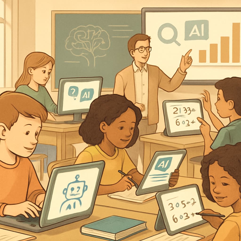 A classroom setting where students are using AI-powered learning tools, highlighting the integration of technology in education. Students using AI-powered tools in a classroom, representing AI's role in education reform.