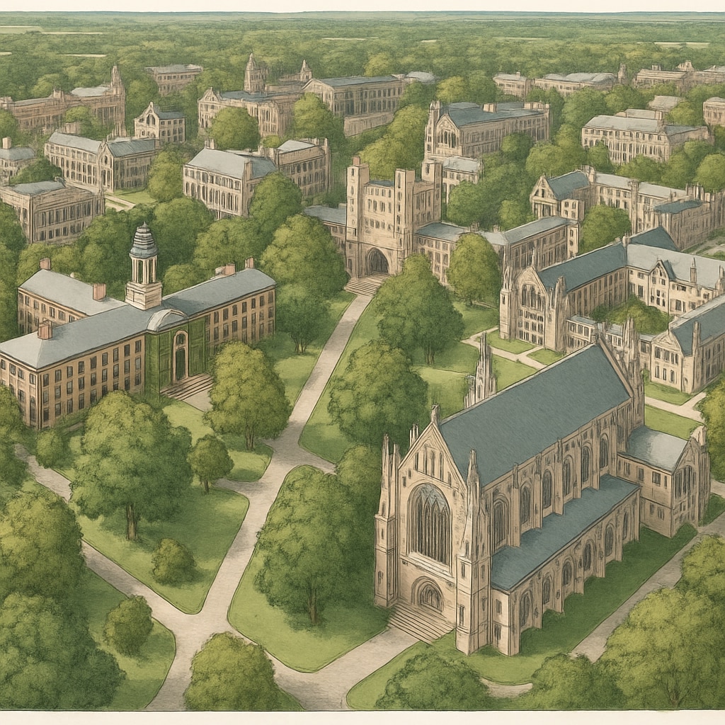 An aerial view of Princeton University’s campus, highlighting its iconic architecture and lush surroundings. Aerial view of Princeton University, emphasizing its historical buildings and campus layout.