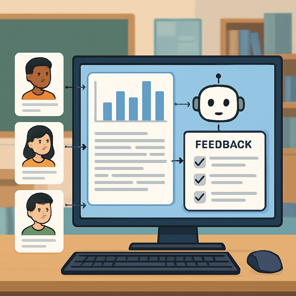 An AI system analyzing diverse student responses and generating personalized feedback. This image demonstrates how AI can enhance exam assessment processes. AI system evaluating student responses and providing tailored feedback