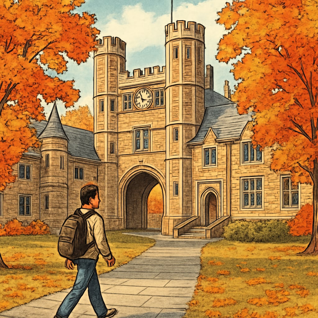 A student walking through Princeton University's iconic campus during a picturesque fall day, surrounded by historical architecture and vibrant autumn leaves. Princeton University campus during fall, illustrating Ivy League prestige.