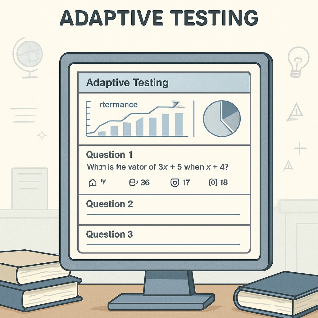 Visual representation of an adaptive testing platform, showing personalized questions based on student performance. Adaptive testing platform visual, illustrating personalized education in the AI era.