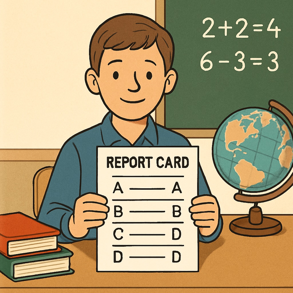 A student with a report card reflecting mixed grades, symbolizing a holistic evaluation process. Report card with mixed grades emphasizing holistic admissions.