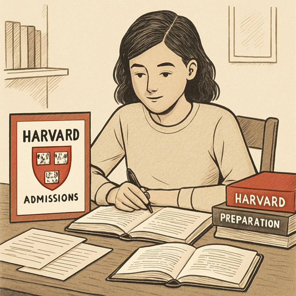 Harvard University admissions preparation materials with a student studying.