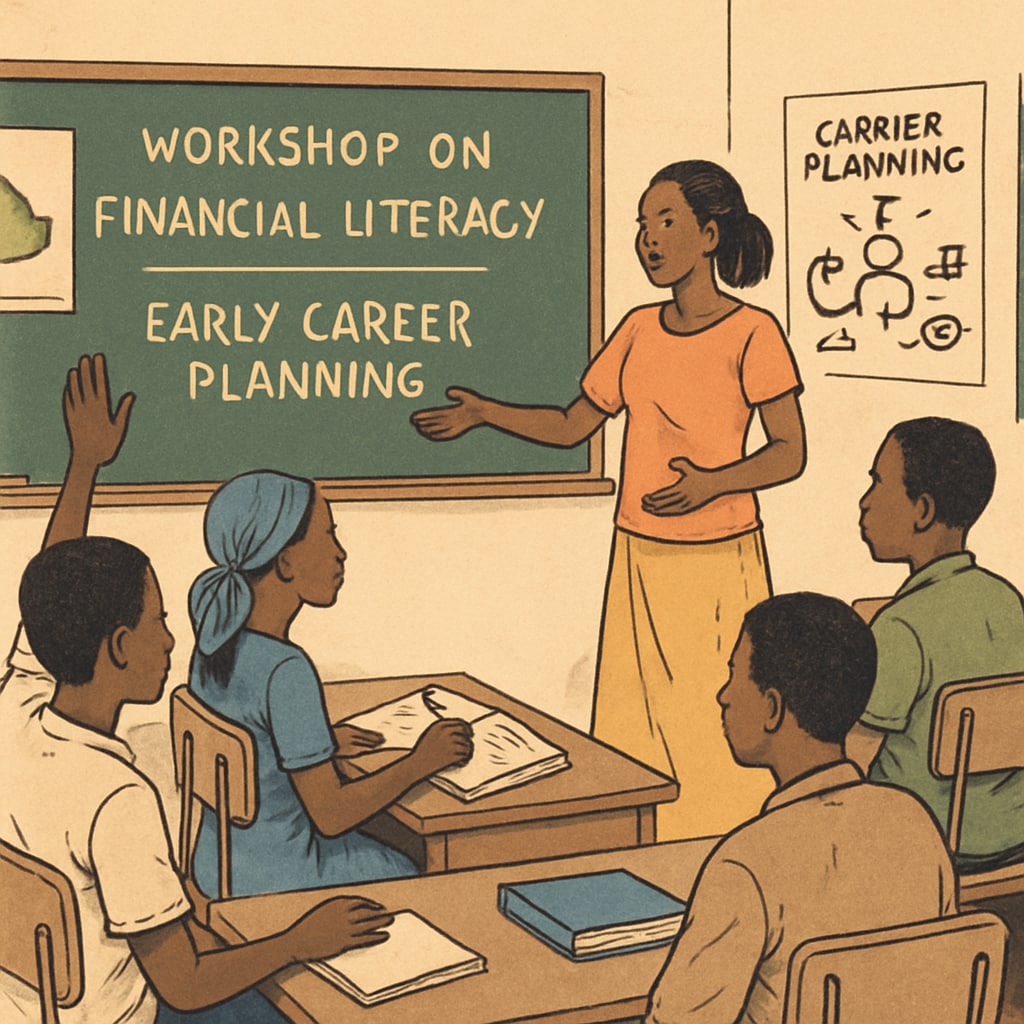 A classroom in Mali with students actively participating in a financial literacy workshop, emphasizing early career planning efforts. Students in Mali learning about financial literacy in a classroom setting.