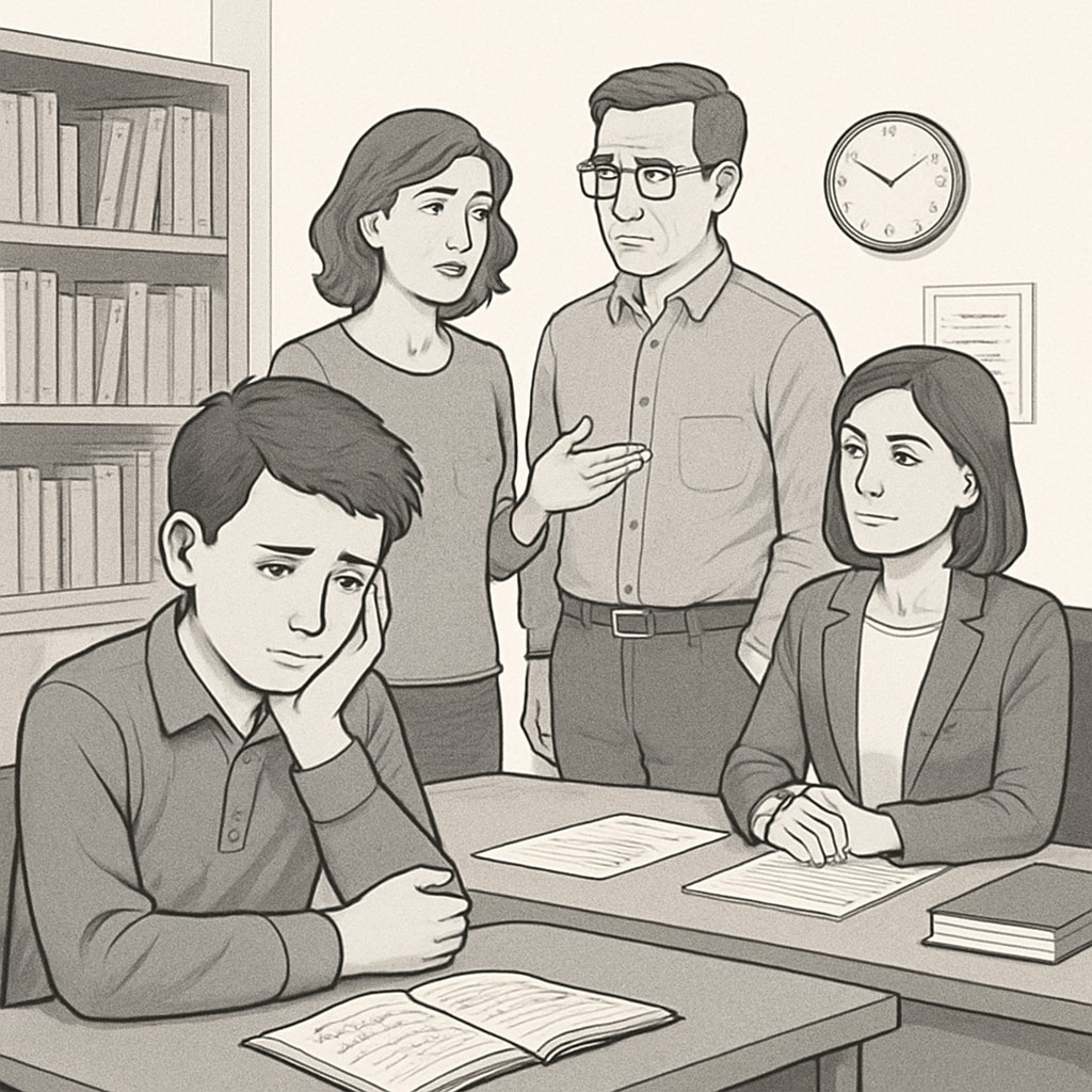 A student sitting at a desk, looking concerned, while parents discuss transfer options with a school administrator. Concerned student with parents discussing school transfer issues.