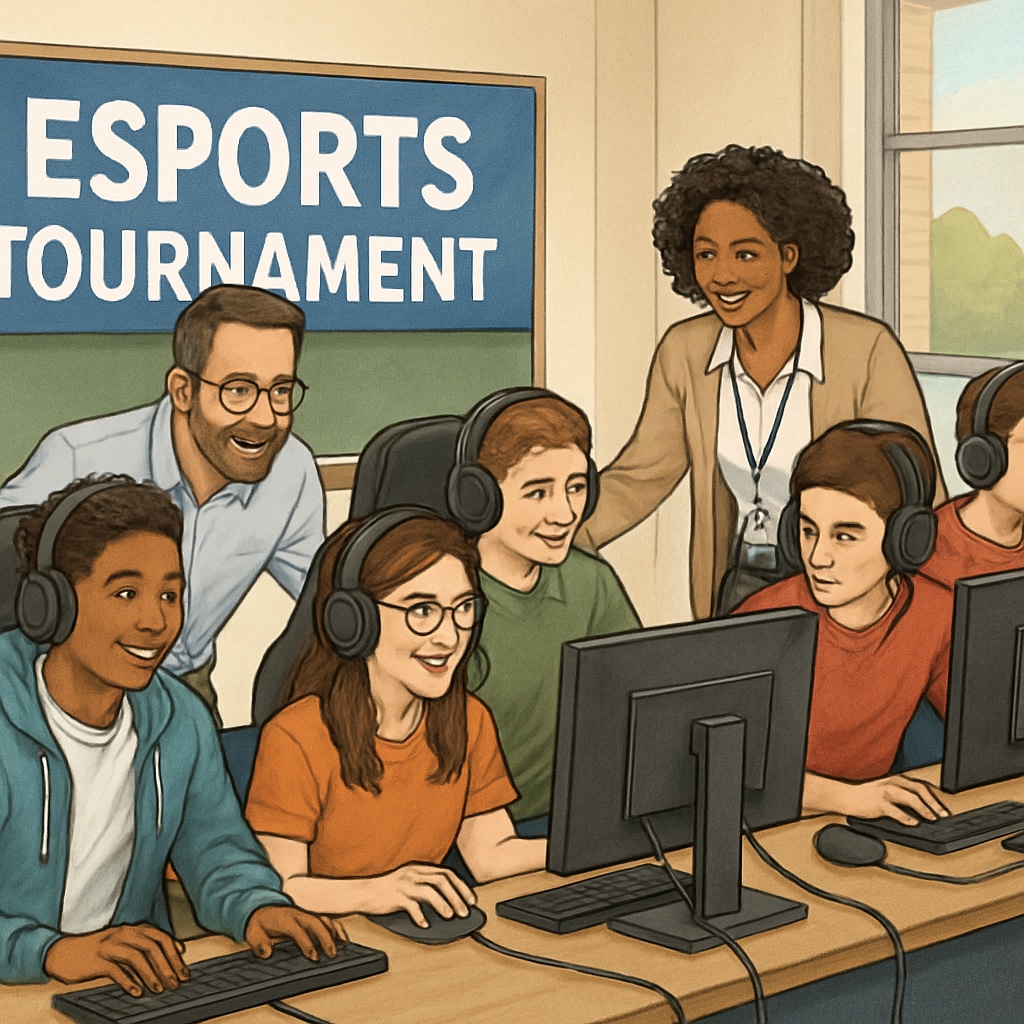 High school esports tournament with students and teachers working together.