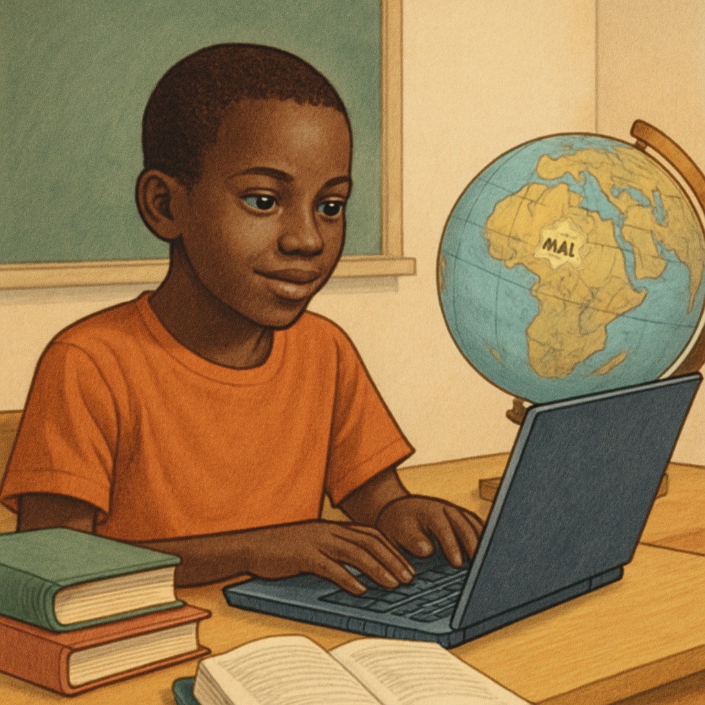 A young student in Mali researching study abroad opportunities on a laptop, symbolizing hope for educational advancement. Mali student exploring study abroad opportunities online for career growth.