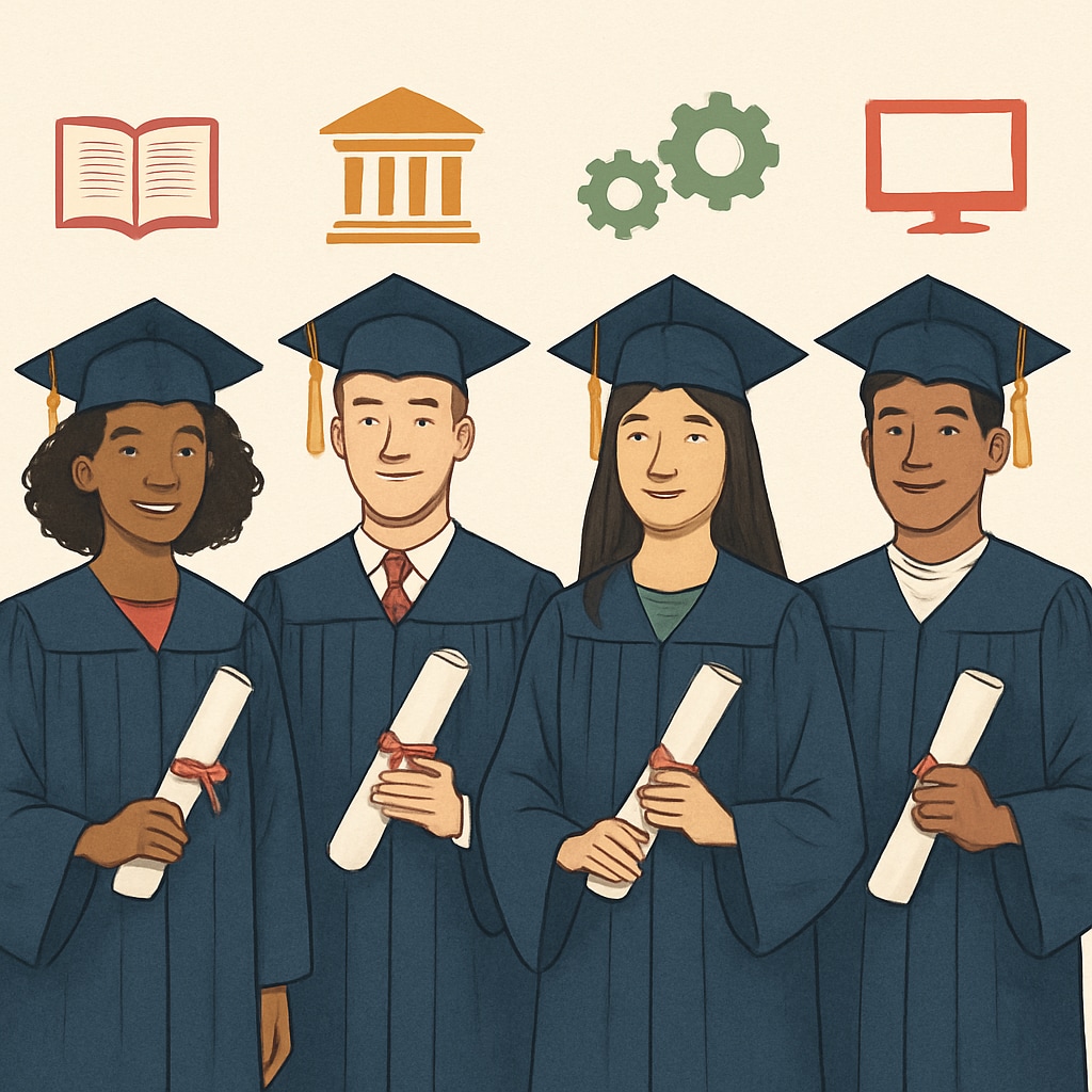 A diverse group of high school students holding diplomas, symbolizing various educational paths. High school students holding diplomas representing different education tracks.