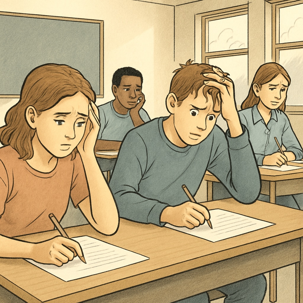 A group of students sitting in a classroom, some appearing stressed or overwhelmed during an exam. Students experiencing academic anxiety during a GCSE exam.