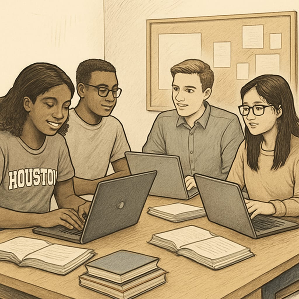 A group of college students at the University of Houston collaborating on laptops in a study room. University of Houston study group collaboration