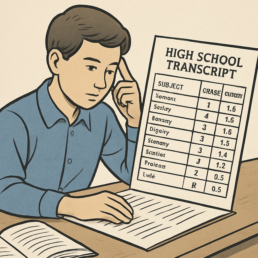 A student sitting at a desk, looking contemplative while reviewing a high school transcript. A high school student reviewing their transcript with a thoughtful expression.