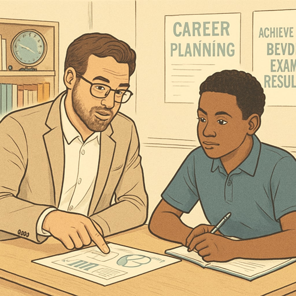 A teacher mentoring a student, discussing career options and alternative achievements beyond exam results. Teacher providing career guidance to a student beyond GCSE results.