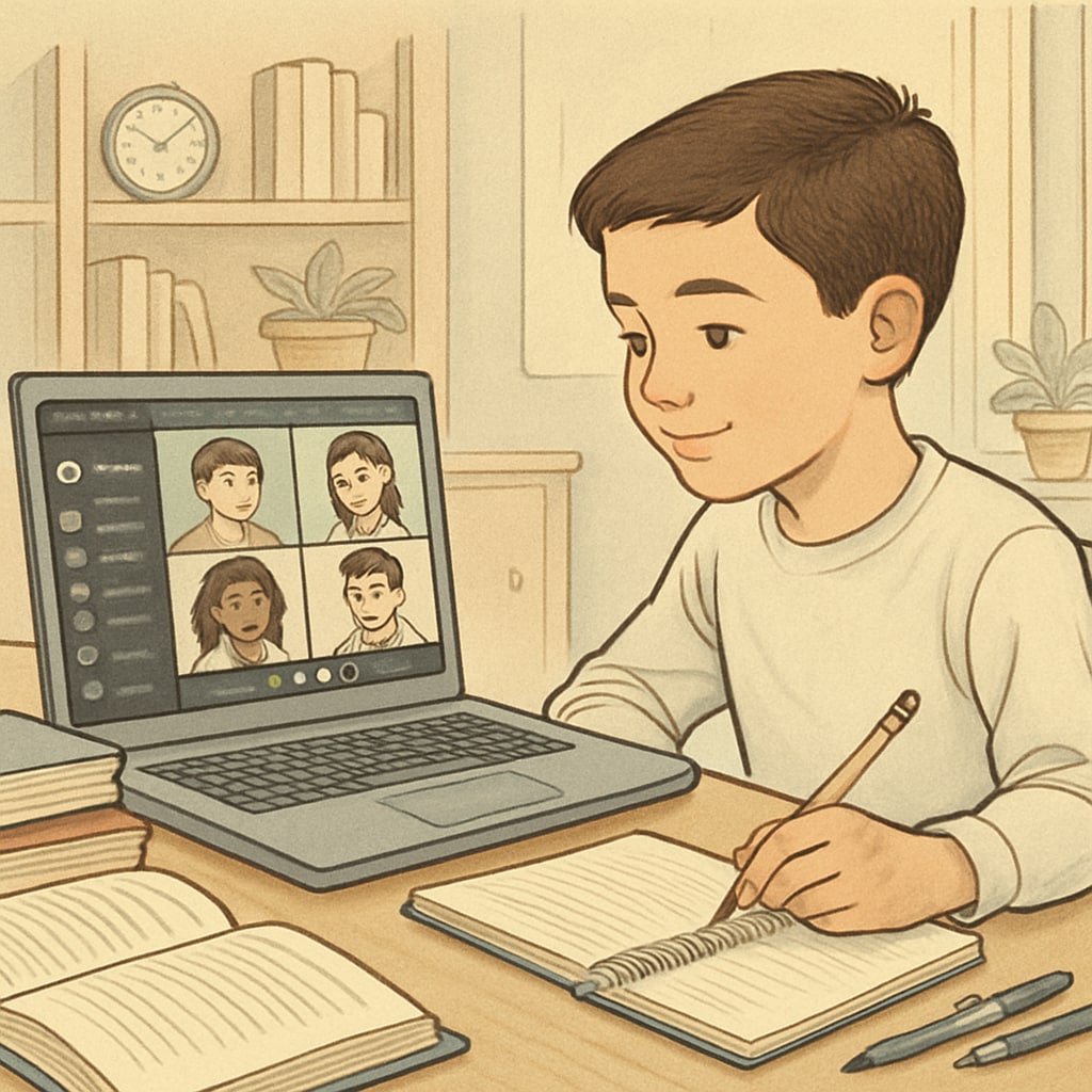 A K12 student using Discord on a laptop to collaborate with peers in a virtual study group. K12 student using Discord for virtual study groups