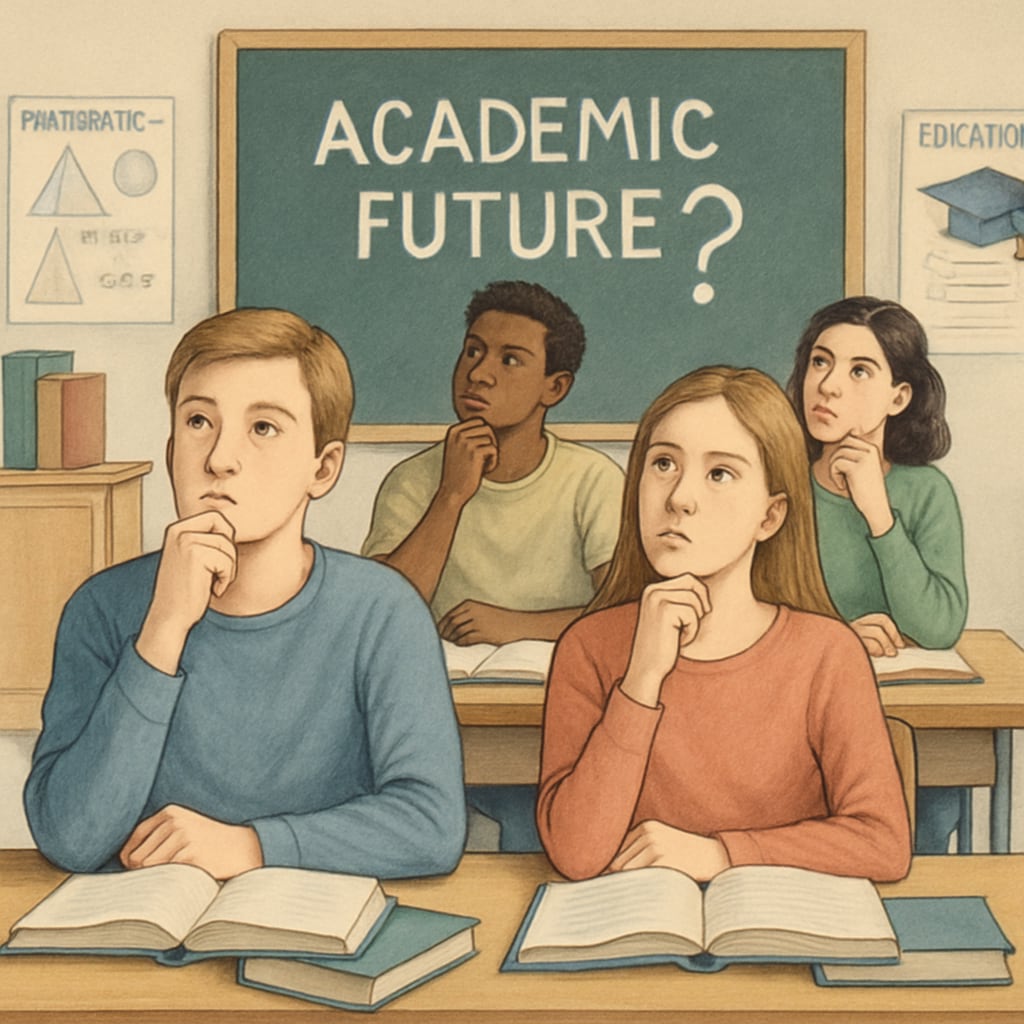 A classroom setting where students are reflecting on their academic future, symbolizing the importance of educational decisions. Students in a classroom contemplating their educational choices and future success.