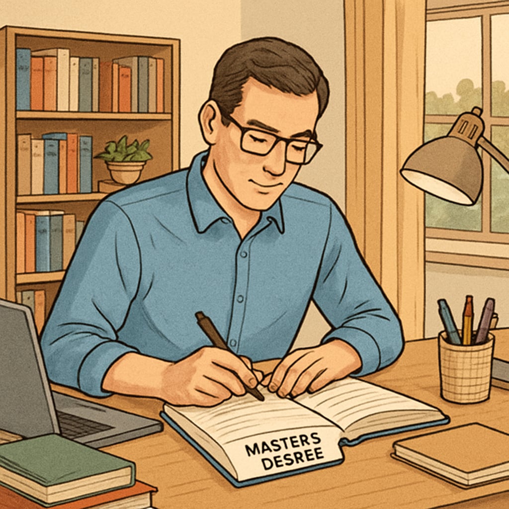 A mid-career professional studying for their master's degree at home, surrounded by books and a laptop. Mid-career professional balancing study and work, focusing on their master's degree.