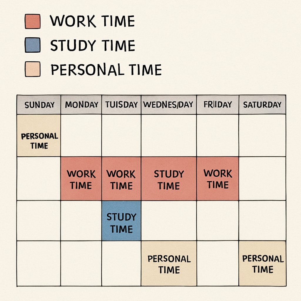 A calendar with color-coded blocks representing work, study, and personal time for a mid-career professional. Time management calendar showing the balance between work and education for master's degree pursuit.