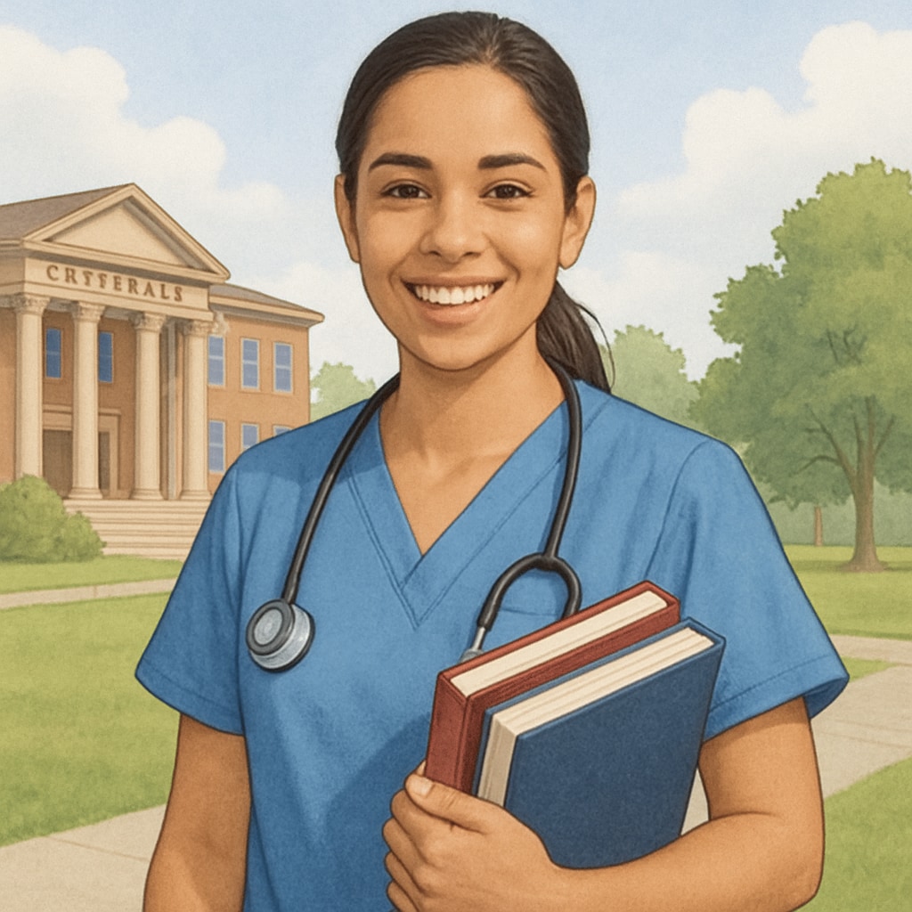A smiling nursing student in scrubs holding textbooks outside a university campus Nursing major, college transfer, admission timeline tips illustrated by a nursing student