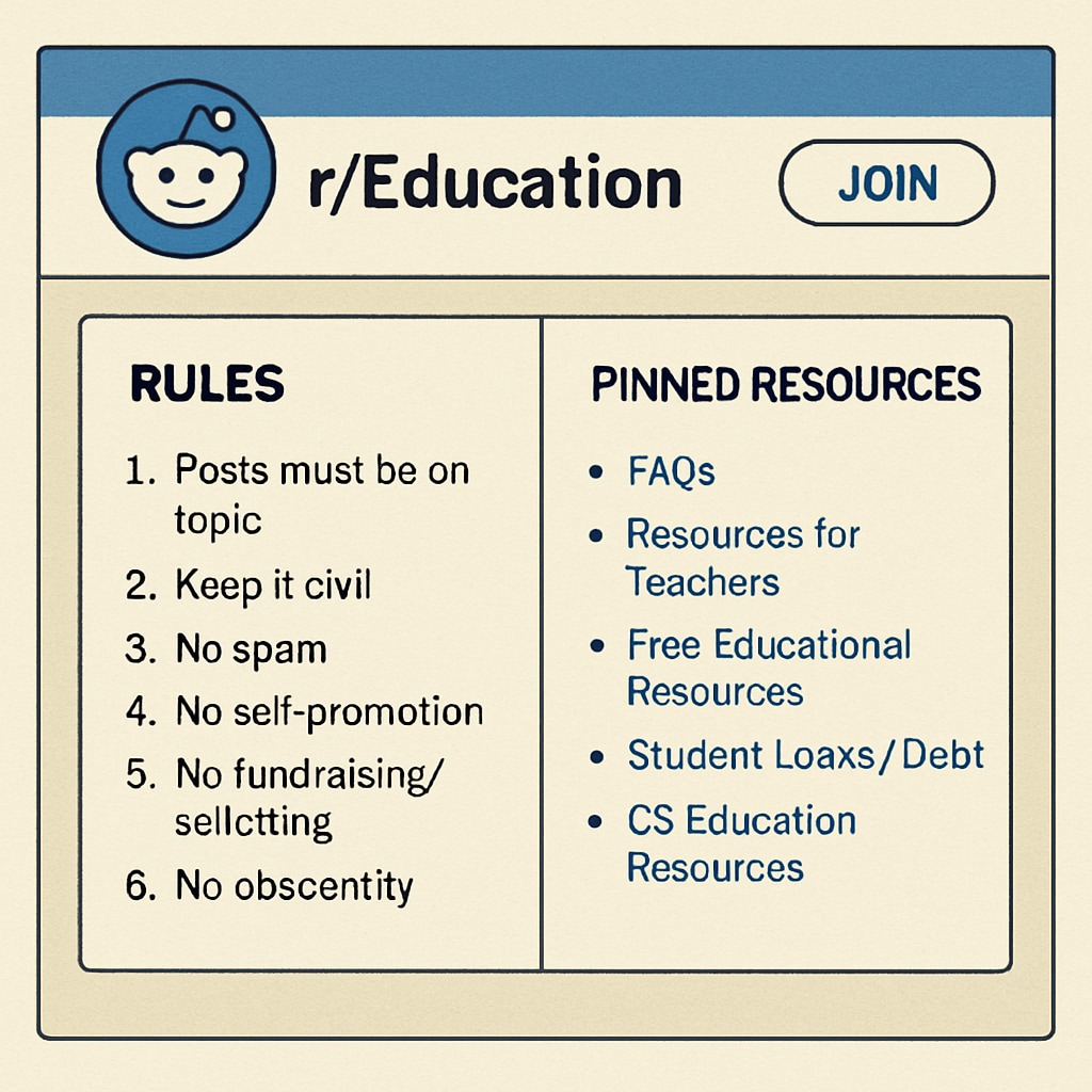 A screenshot of the r/Education subreddit homepage showcasing its rules and pinned resources. Reddit Education Community homepage with rules and resources visible.