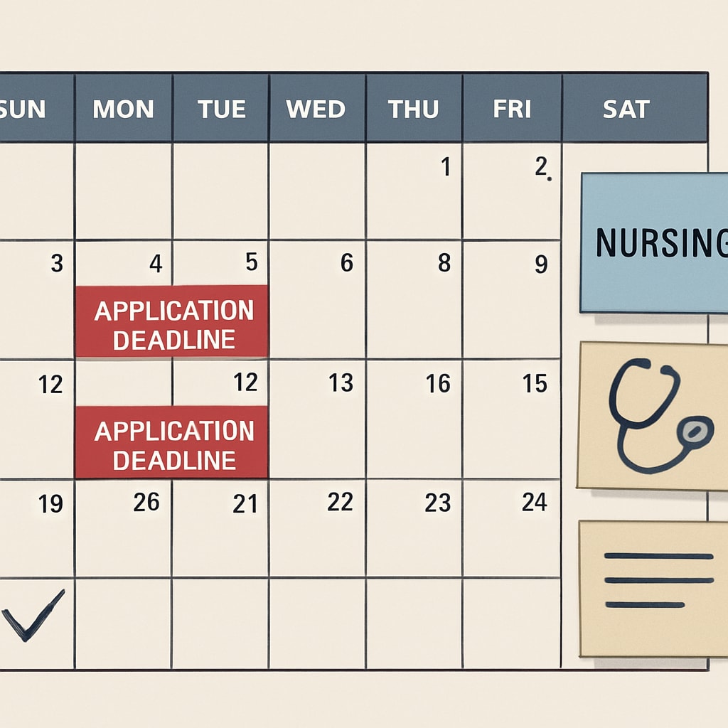 A calendar marked with application deadlines and nursing-related notes Nursing major, college transfer, admission timeline visualized through a calendar