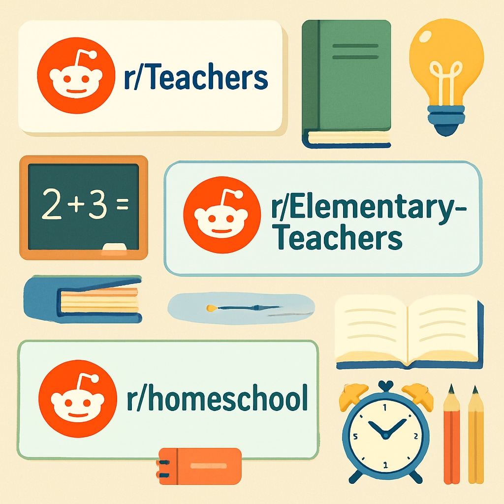 A collage of subreddit logos such as r/Teachers, r/ElementaryTeachers, and r/homeschool, symbolizing the diversity of education-focused communities. Logos of education-related subreddits like r/Teachers and r/ElementaryTeachers.