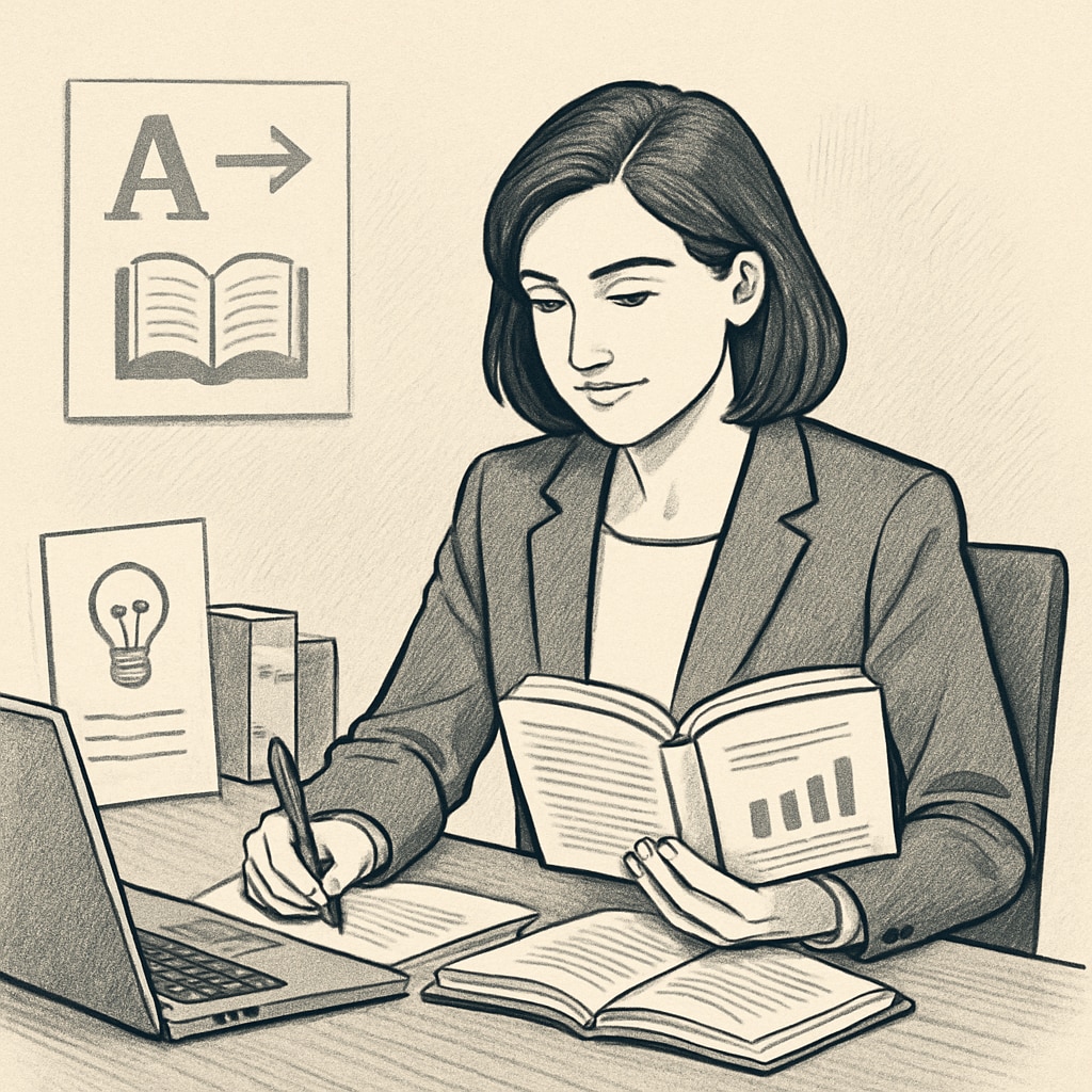 A professional sitting at a desk, studying while managing work tasks on a laptop. A professional managing a master's degree and work responsibilities.