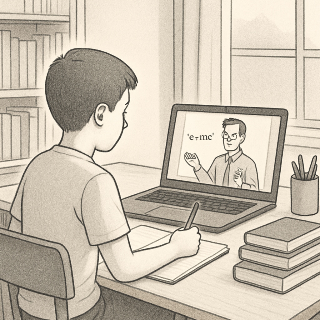 A student attending an online class at home, surrounded by study materials. A student balancing online classes and career growth.