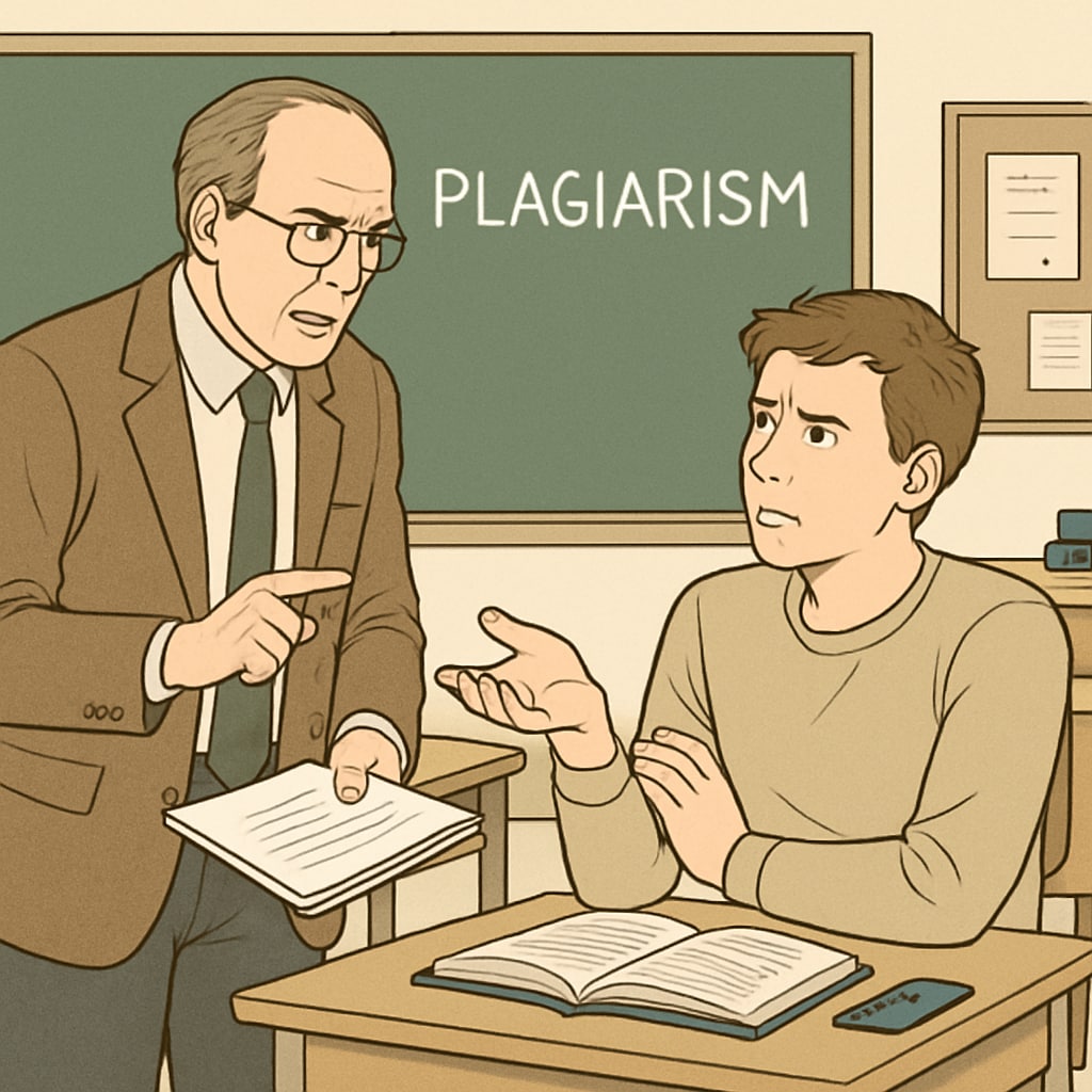 Professor confronting a student over plagiarism accusations in a classroom setting.