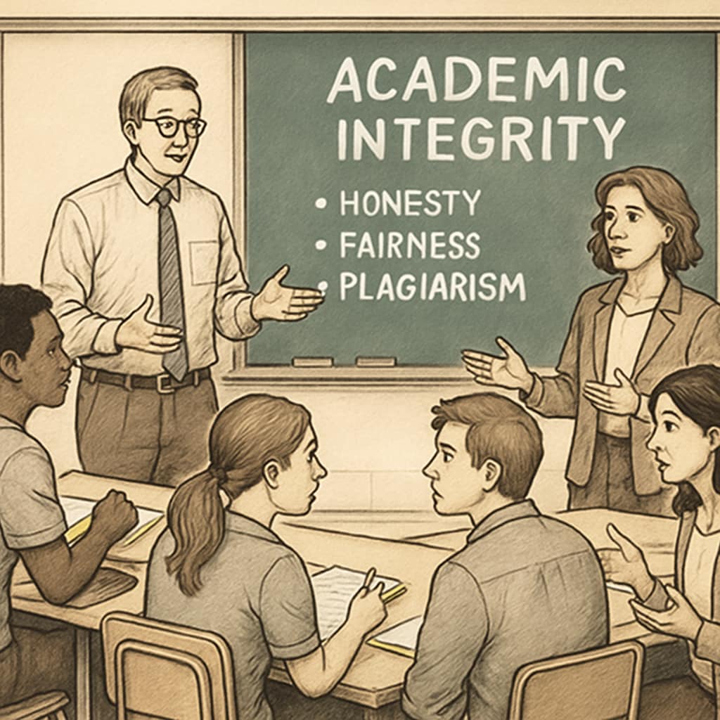 Students and professors collaborating on academic integrity guidelines.