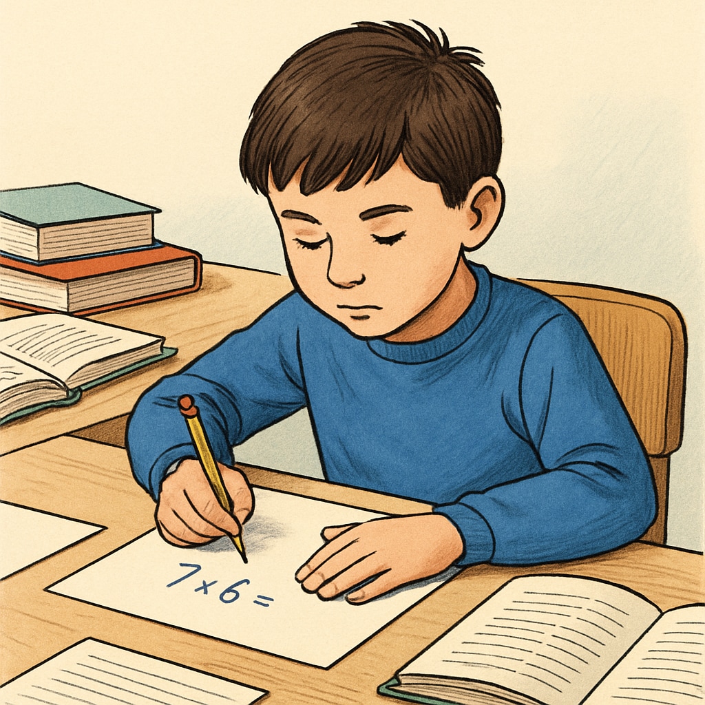 A young student working on a mathematics problem at a desk, symbolizing academic recovery. Student working on math problem for academic recovery in the UK.