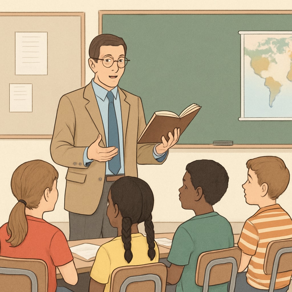A teacher standing in a classroom, holding a book, while a diverse group of students listens attentively. The setting reflects a politically neutral educational environment. Teacher in a classroom promoting educational neutrality.