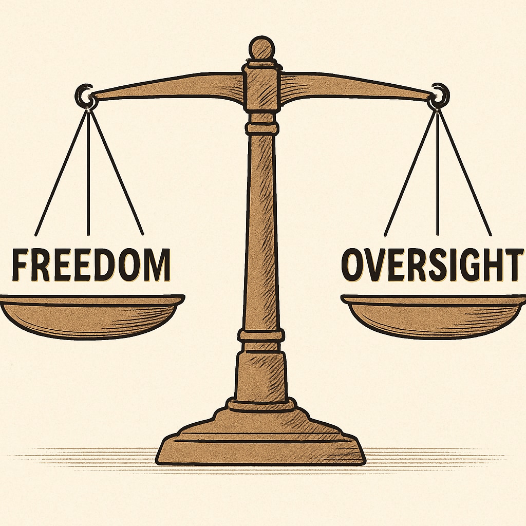 A balanced scale with Scale symbolizing the balance between freedom and oversight in education.