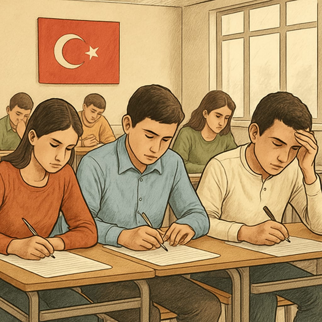 A classroom of Turkish students taking a centralized exam, symbolizing the high-pressure environment of the current system. Turkish students in a classroom taking a centralized exam, representing the education system.