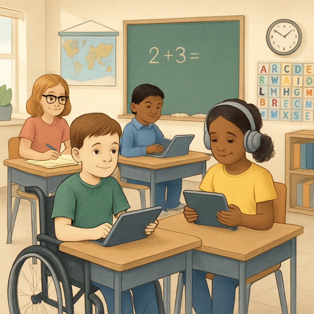 A classroom with diverse students using adaptive technologies like tablets and headphones, showcasing inclusive education. Inclusive classroom with students using adaptive technologies.