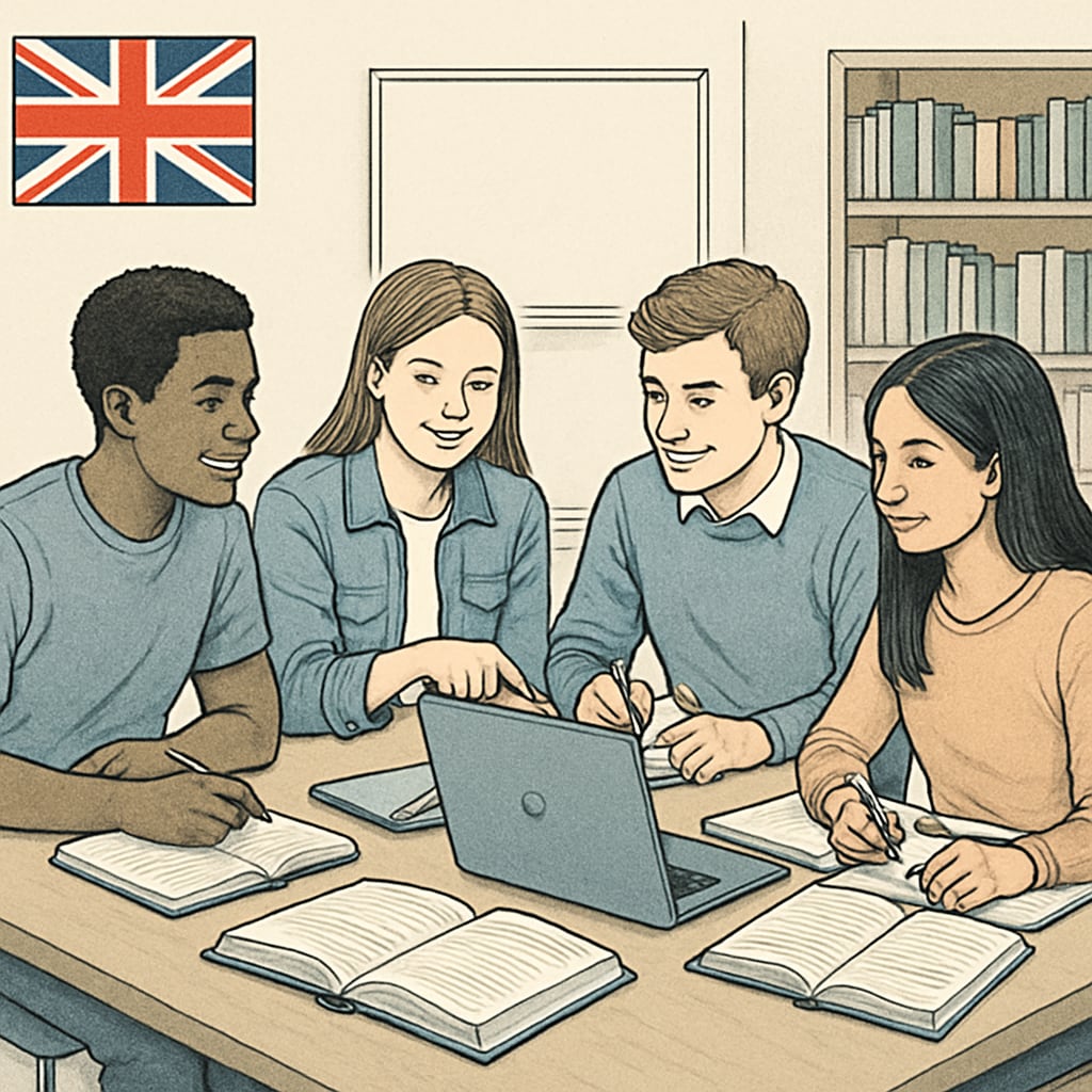 Students in the UK collaborating on a group project, highlighting the collaborative and flexible nature of A Levels. UK students working on a group project, illustrating A Levels' flexible approach.
