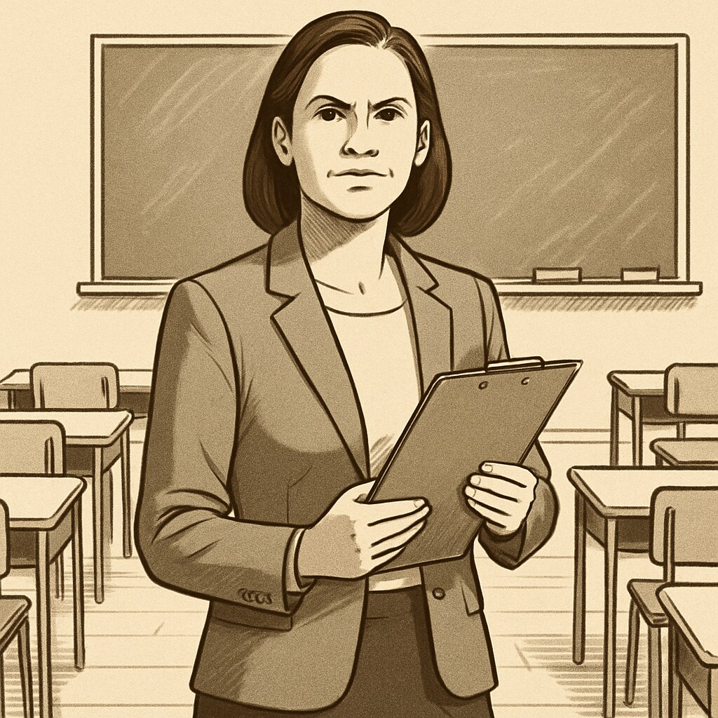 A teacher holding a clipboard, standing in front of a classroom, symbolizing the challenges educators face in balancing professional duties and political expectations. Teacher holding clipboard in a classroom, representing political challenges in education.