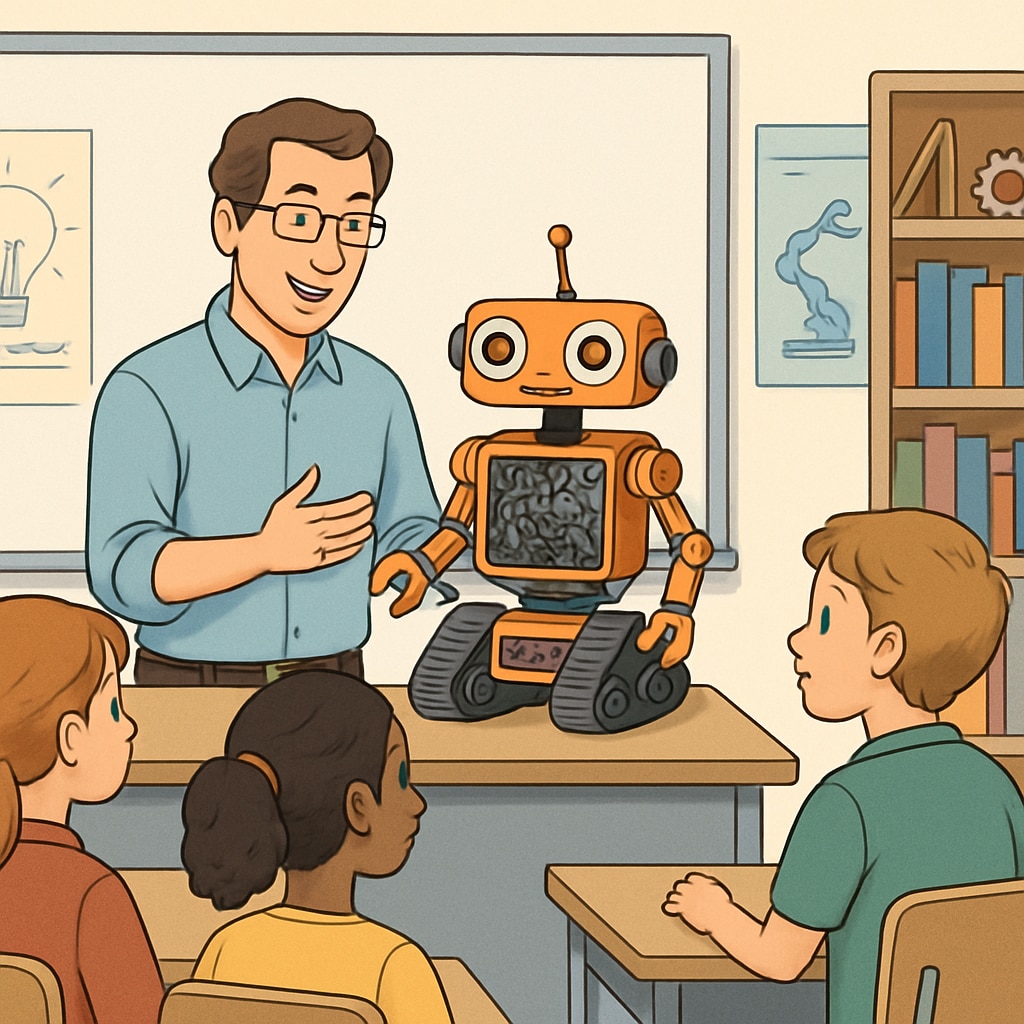 A teacher demonstrating a robotics project to students in a classroom, combining engineering and creative design elements. A teacher with dual degrees in education and engineering teaching students robotics.