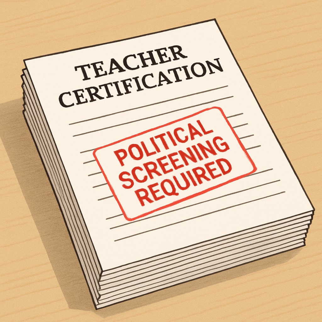 A stack of teacher certification forms with a stamp marked Teacher certification forms with