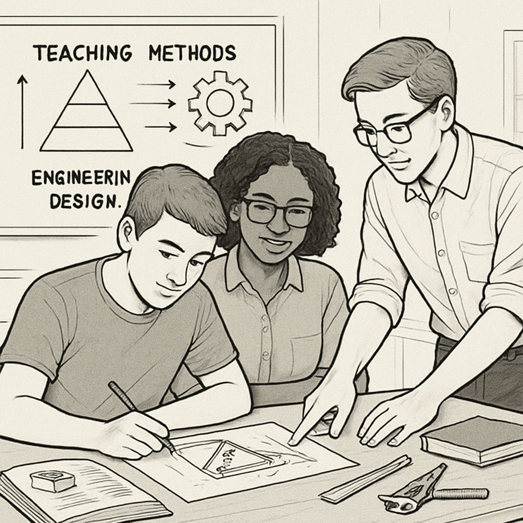 A university student working on a group project involving both teaching methodologies and engineering design. A student balancing education and engineering coursework in a collaborative setting.