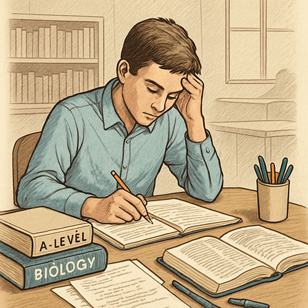 A student revising for A-level exams with textbooks and notes on a desk, symbolizing dedication to retaking exams. A-level exam retake preparation with study materials.