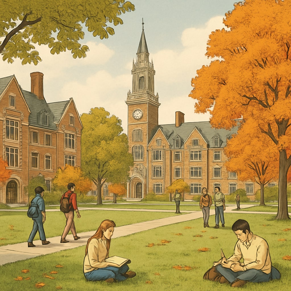 An Ivy League campus featuring iconic architecture, students on the quad, and autumn scenery. Ivy League campus with students, highlighting the prestige and environment.