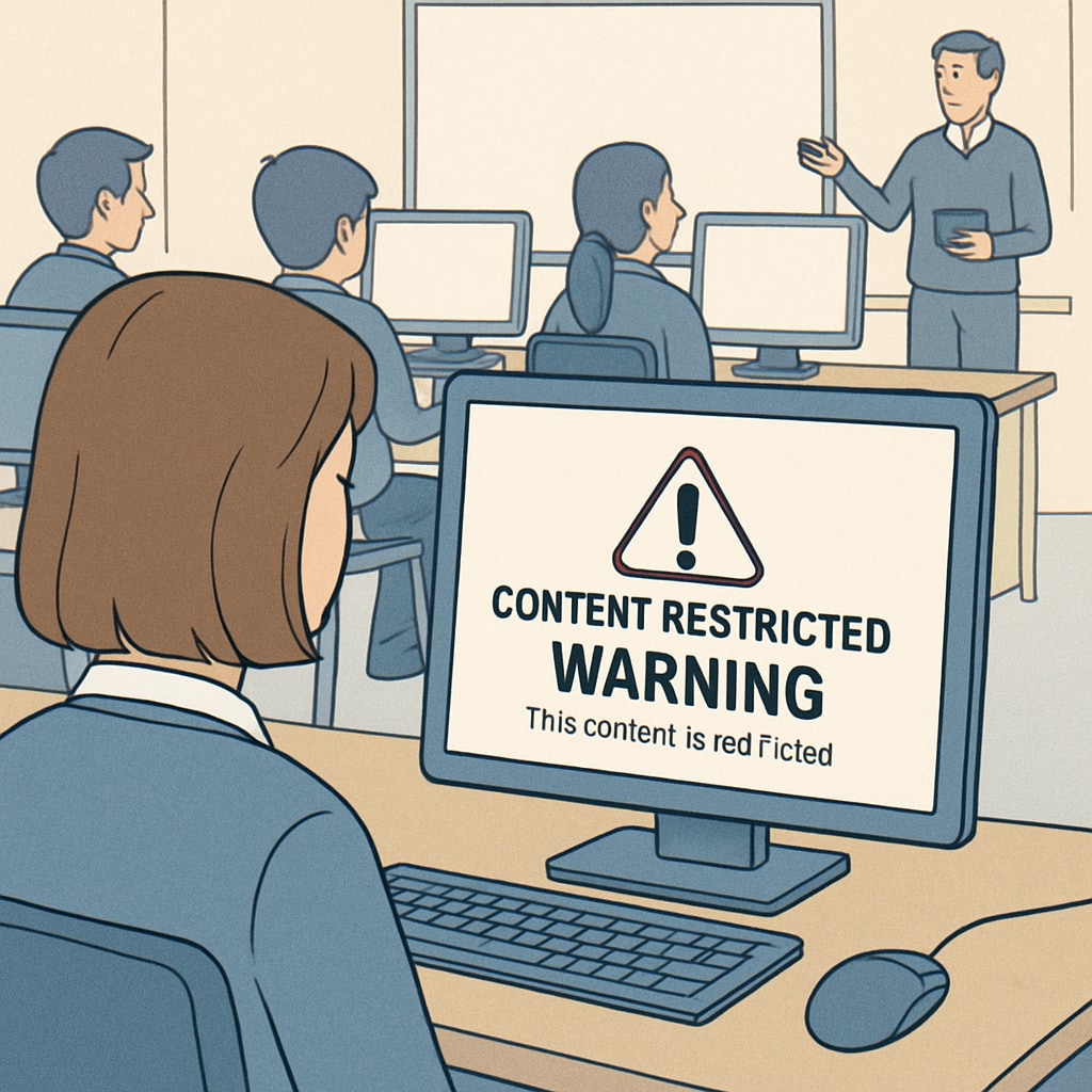 A classroom of students using computers, with one student facing a screen that displays a content restriction warning. The image illustrates the impact of content regulation in educational settings. Students in a computer lab facing a content restriction error, demonstrating content regulation issues.