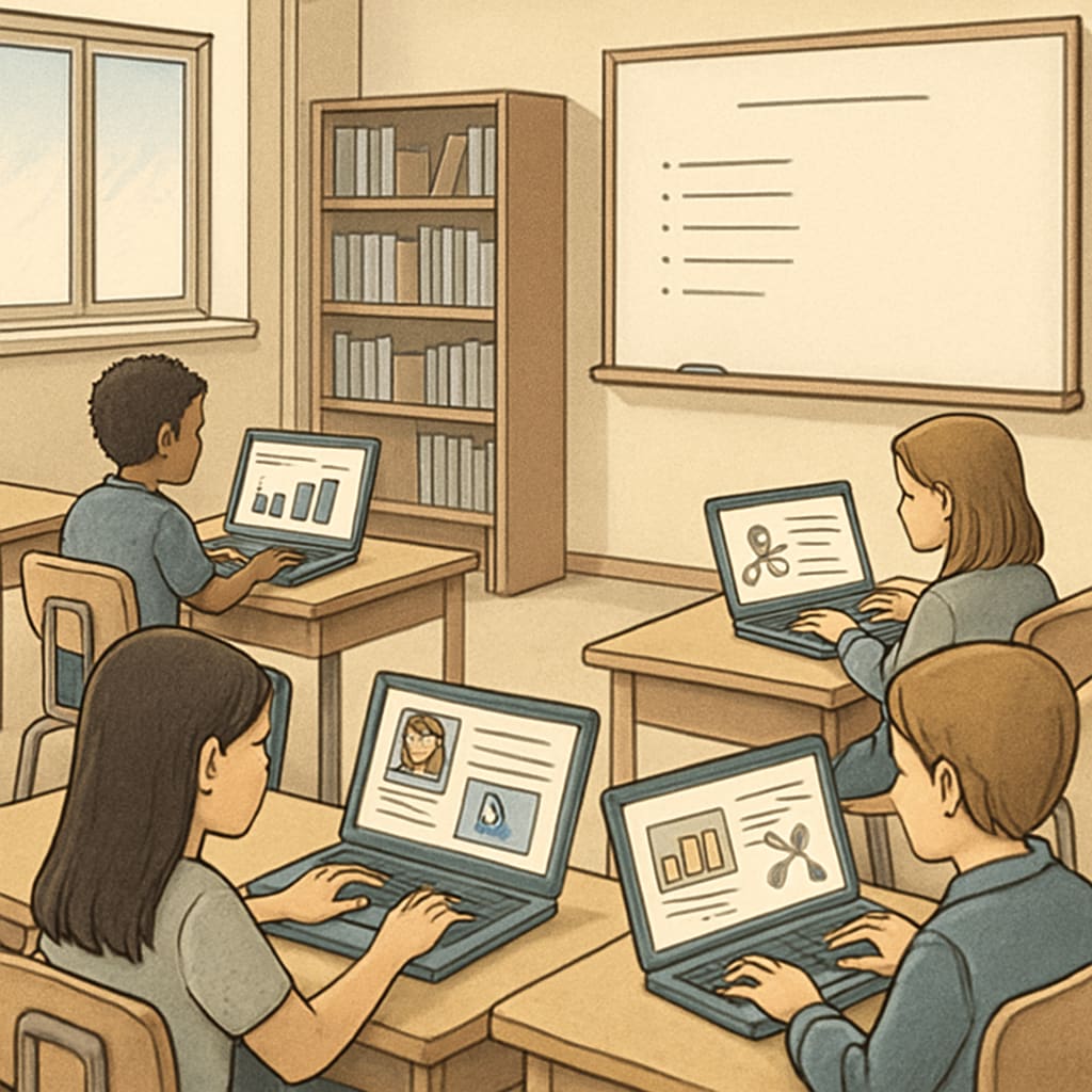 A classroom setting with students using laptops to access online educational resources. Students using laptops in a classroom, accessing educational materials under age verification regulations.