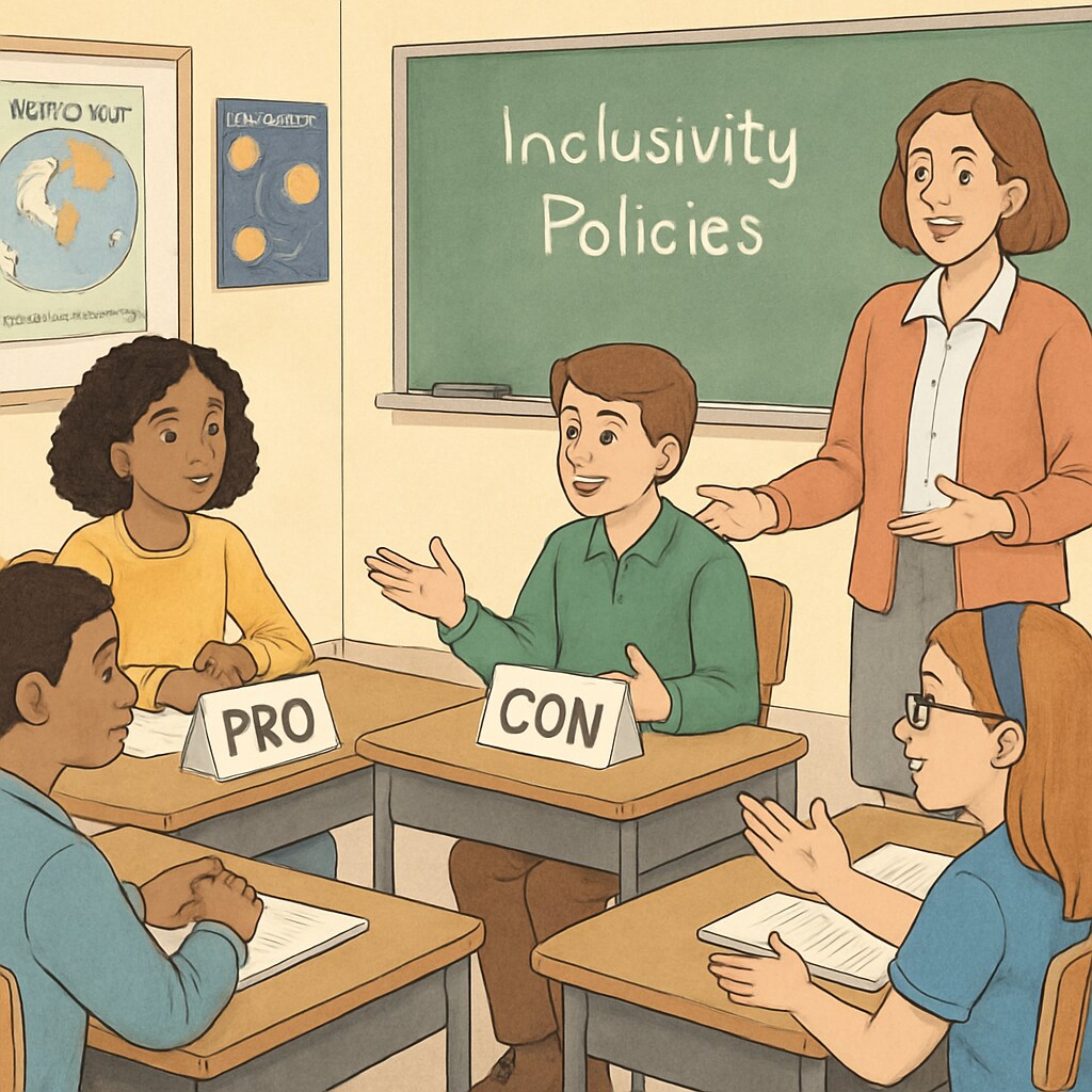 A classroom discussion featuring diverse students engaging in a debate on inclusivity policies. Students discussing inclusivity policies in a diverse classroom setting.