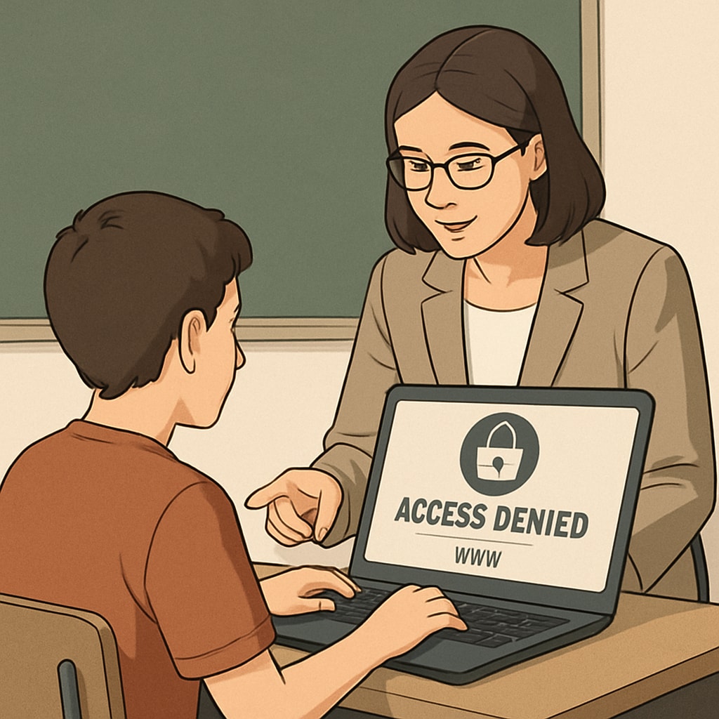 A teacher assisting a student who is trying to access a restricted educational website. The image highlights the role of educators in navigating content regulation challenges. Teacher helping a student with a restricted website due to content regulation.