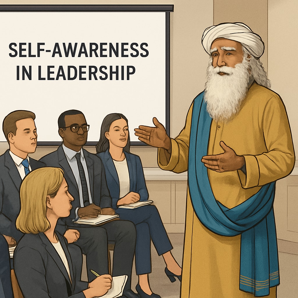Sadhguru addressing a group of business leaders, emphasizing the importance of self-awareness in leadership. Sadhguru discussing leadership principles with a professional audience.