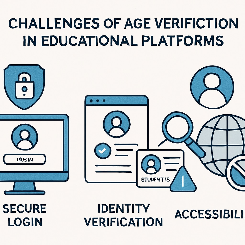An infographic illustrating the challenges of age verification in educational platforms. An infographic showing the technical and privacy challenges of age verification for K12 education.