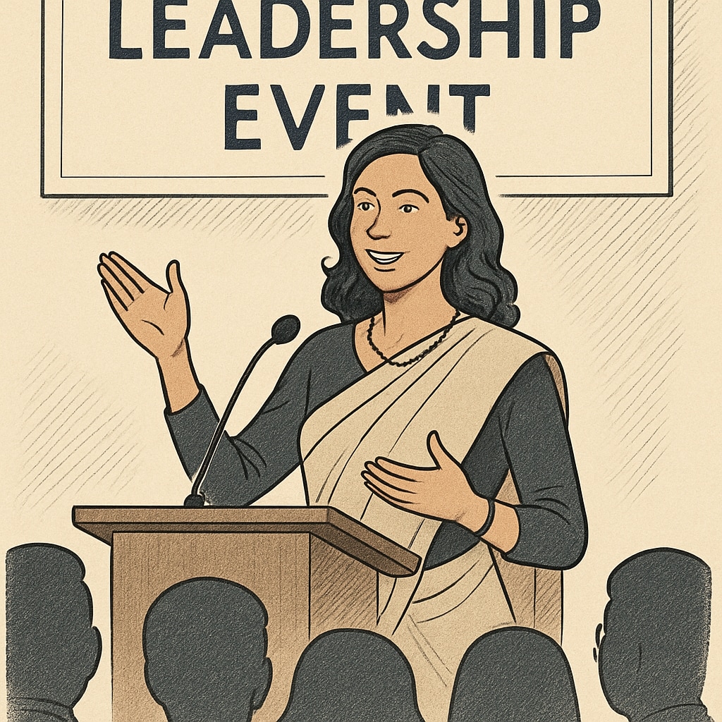 A confident female entrepreneur speaking at a leadership event, embodying Sadhguru's communication principles. Female entrepreneur demonstrating effective communication techniques inspired by Sadhguru.