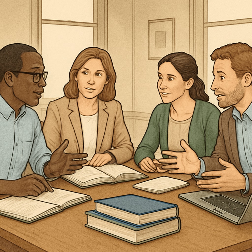 A group of university researchers collaborating on educational strategies at a table. University researchers discussing K12 education strategies.