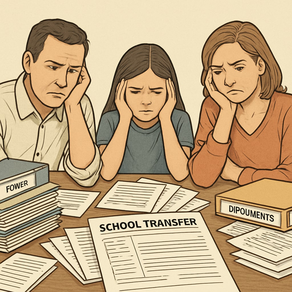 A frustrated family sitting at a table surrounded by school documents, emphasizing the complexity of school transfer processes. Family reviewing school transfer documents, illustrating challenges in communication.